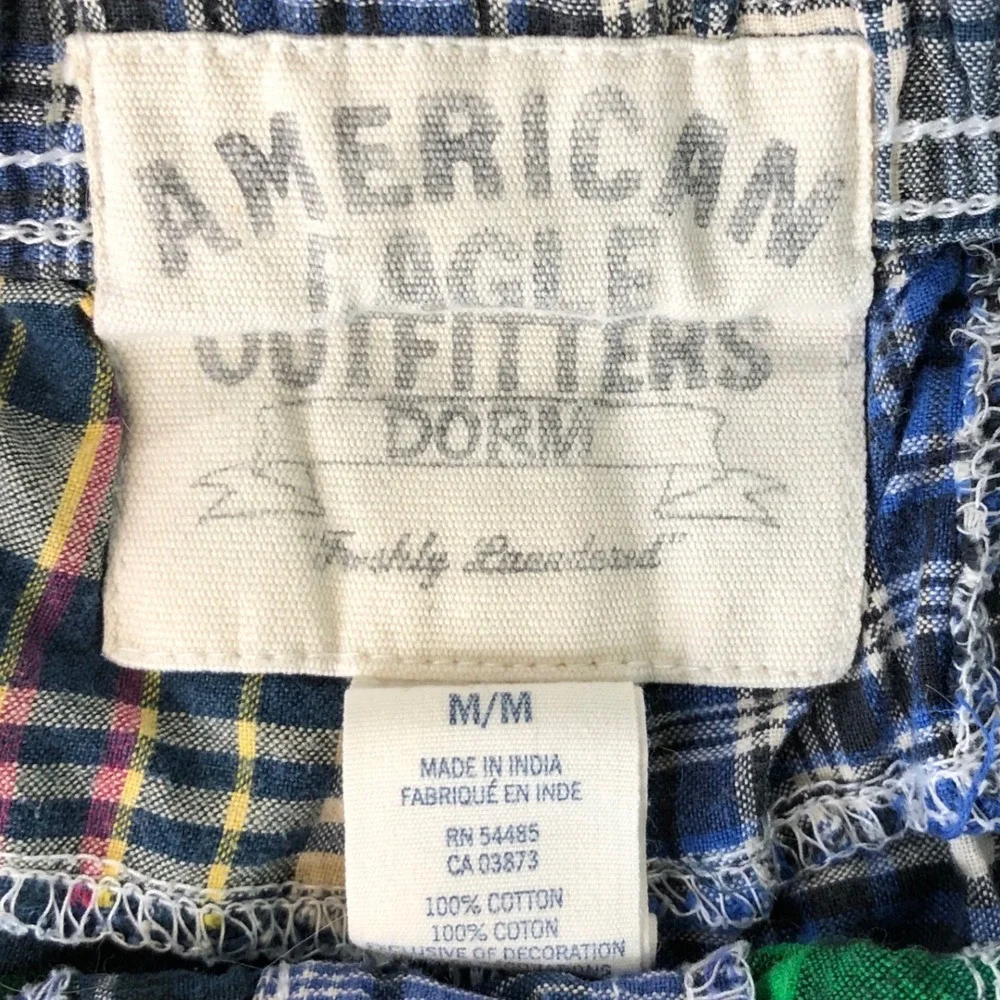 American Eagle Dorm Patchwork Plaid Shorts Mens Medium Blue Madras Longer Length